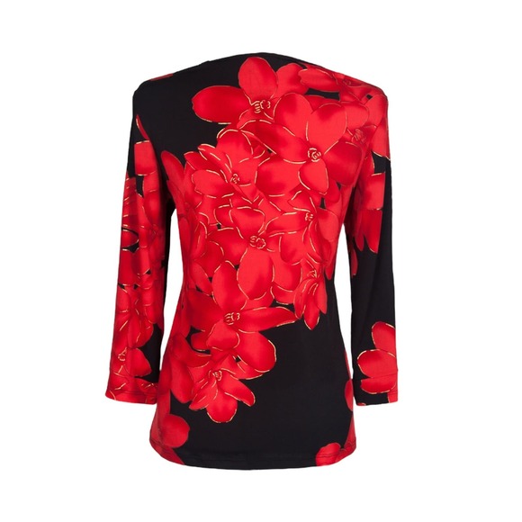 Women's Dressy Floral Top Size M Red Flowers Long Sleeve Scoop Neck NWT - Picture 2 of 2